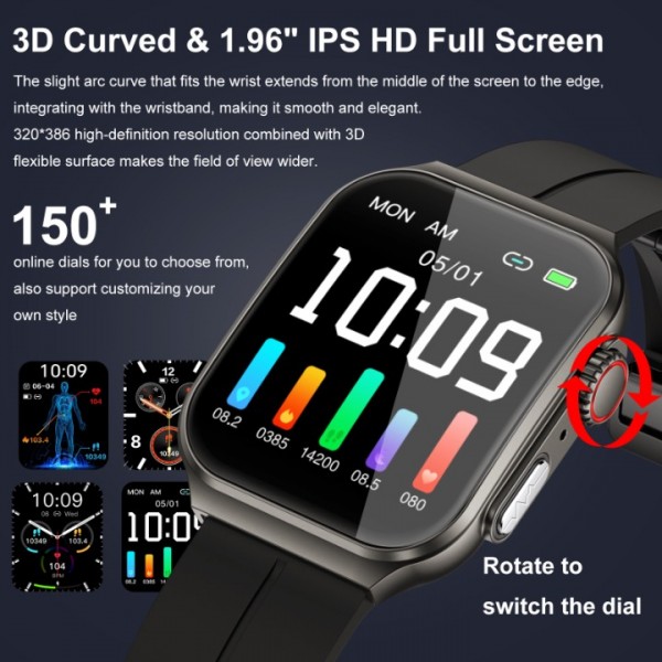 Marsyu Smartwatch, Blood glucose measurement, ECG, 24/7 SpO2, Heart rate monitor, Sleep monitor,1,96"Blood glucose meter with Bluetooth call, 150+ sport modes, Activity bracelet (Black)