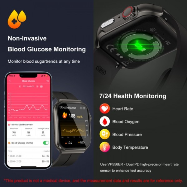Marsyu Smartwatch, Blood glucose measurement, ECG, 24/7 SpO2, Heart rate monitor, Sleep monitor,1,96"Blood glucose meter with Bluetooth call, 150+ sport modes, Activity bracelet (Black)