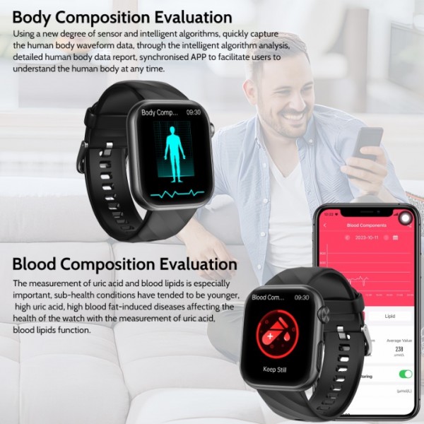 New Smartwatch ECG+HRV/Uric Acid/BMI Men Women 1.97" AMOLED Health Watch with Phone Function, 24H Heart Rate SPO2 Blood Pressure Body Temperature Sleep Monitor Fitness Watch for Android/iOS