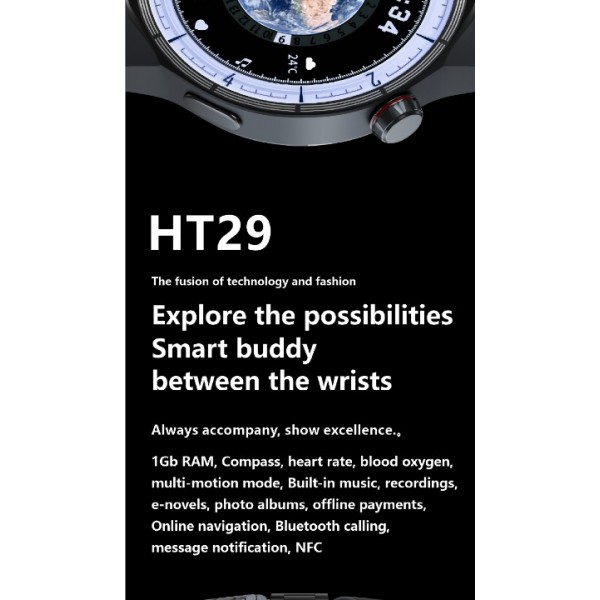smartwatch with OLED HD color screen ,IP67 waterproof, 1Gb memory, compass, heart rate, blood oxygen, NFC, built-in music, recording, electronic novel, album, full-screen lyrics, multi-motion, message notification
