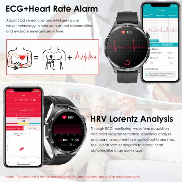 New Smartwatch ECG+HRV/Uric Acid/BMI Men Women Round 1.43" AMOLED Health Watch with Phone Function, 24H Heart Rate SPO2 Blood Pressure Body Temperature Sleep Monitor Fitness Watch for Android/iOS