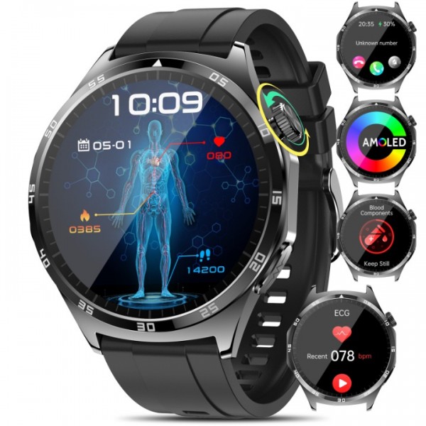New Smartwatch ECG+HRV/Uric Acid/BMI Men Women Round 1.43" AMOLED Health Watch with Phone Function, 24H Heart Rate SPO2 Blood Pressure Body Temperature Sleep Monitor Fitness Watch for Android/iOS