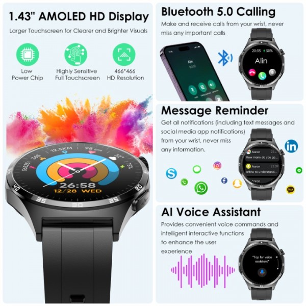 New Smartwatch ECG+HRV/Uric Acid/BMI Men Women Round 1.43" AMOLED Health Watch with Phone Function, 24H Heart Rate SPO2 Blood Pressure Body Temperature Sleep Monitor Fitness Watch for Android/iOS